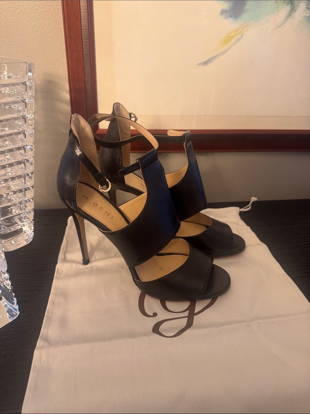 M. Gemi Black Leather Strappy Stiletto Sandals